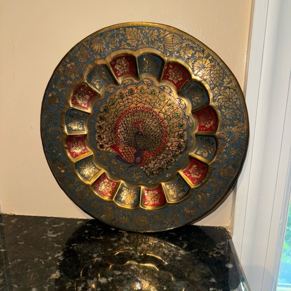 Vintage Brass Peacock Plate Tray Enameled Etched Wall 7.5” Blue Red - Picture 1 of 3